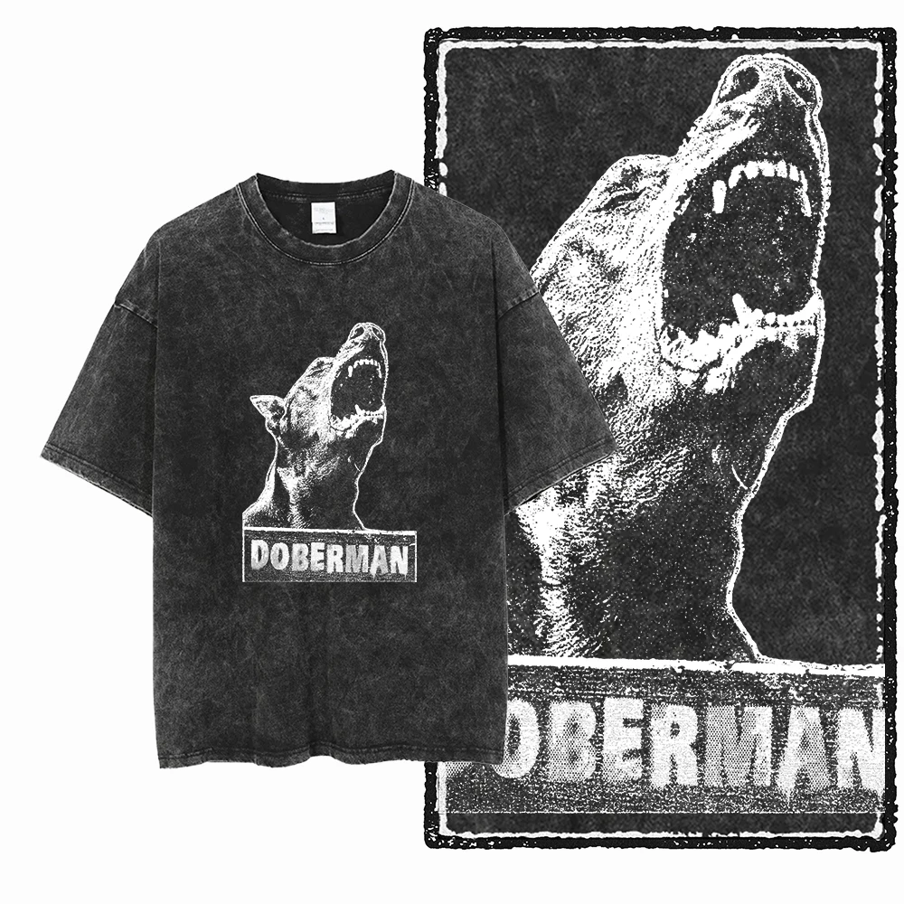 Cool rétro Streetwear femmes T-shirt DCC DOBERMAN chien imprimé acide lavé coton motif exclusif unisexe T-shirt Harajuku