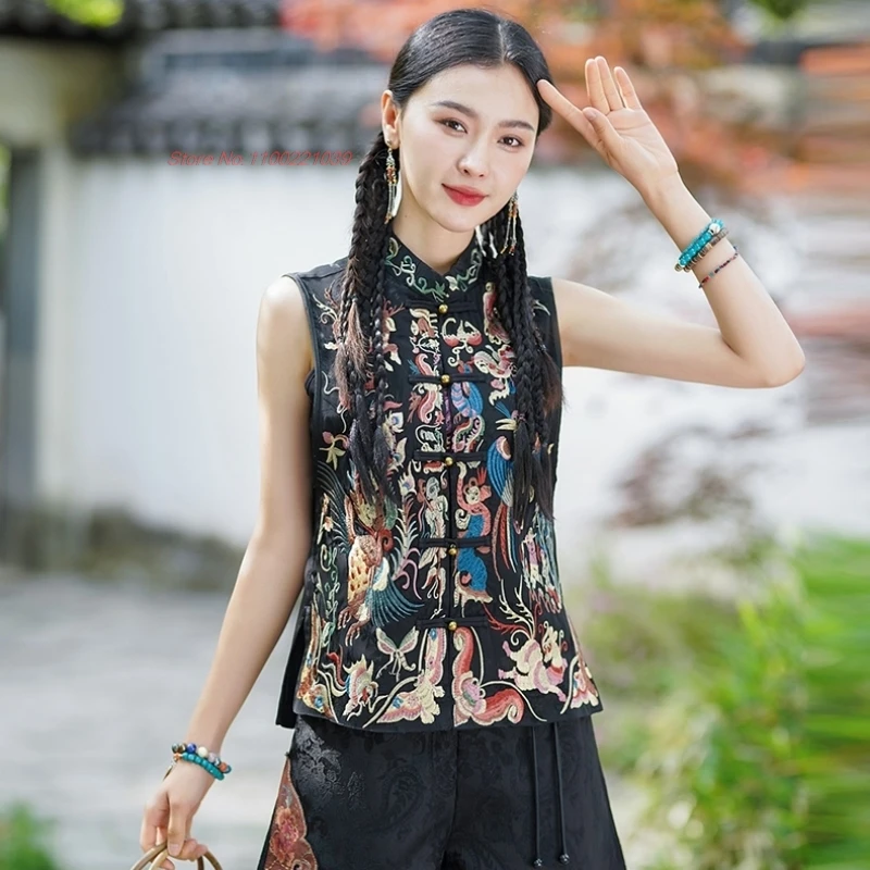 2025 chinese vintage hanfu tops traditional satin jacquard vest national flower embroidery sleeveless jacket ethnic waistcoat