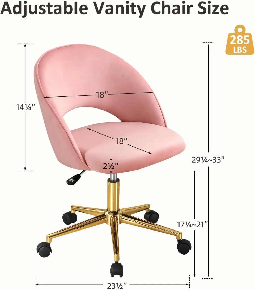 Furniliving Pink Vanity Chair,Cute Desk Chairs Fr Girls with Back, Rolling Upholstered Accent Chair for Living Room/Bedroom,Pink