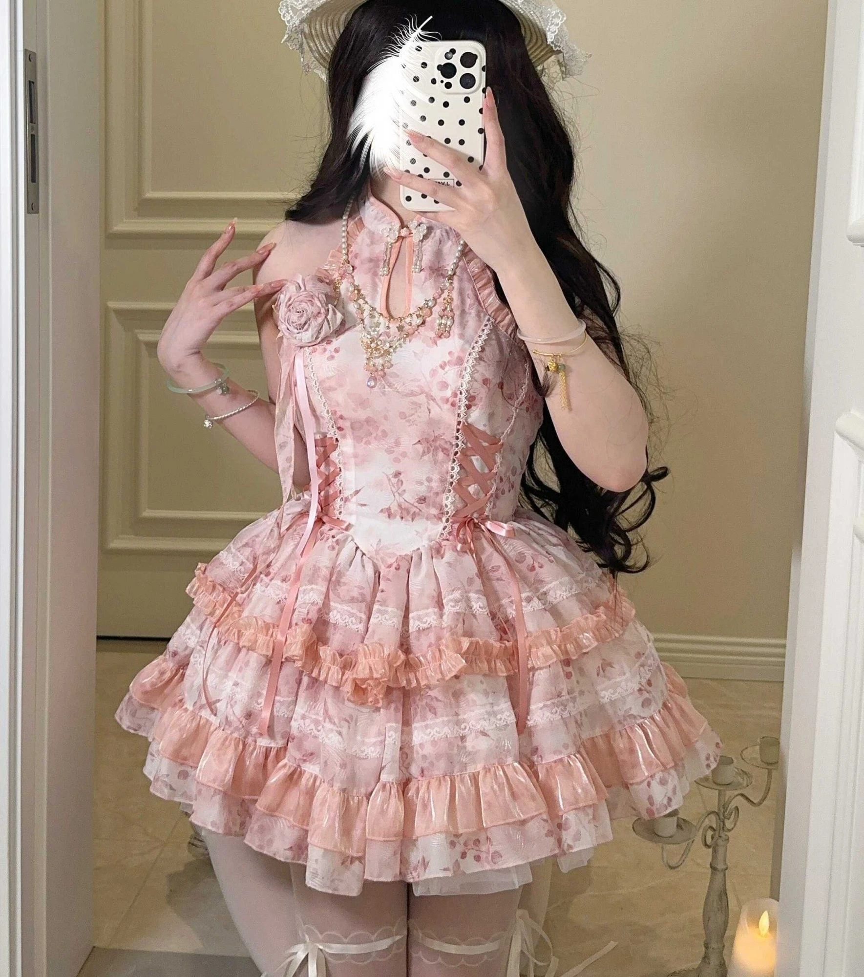 【 Peach Moon and Bamboo 】~Pink Girl Original Design Lolita Western Dress Chinese Style Neck-mounted Dress Summer