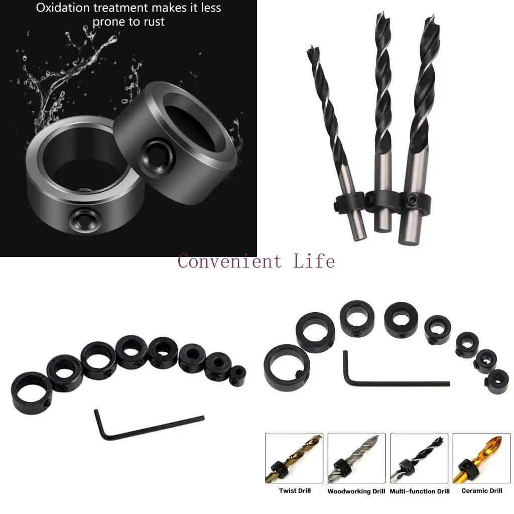 

L1EE 8Pcs Drill Bit Depth Stop Collar Set Adjustable Positioner Rings Split Rings 3-16mm with Wrench for Woodworking Tools