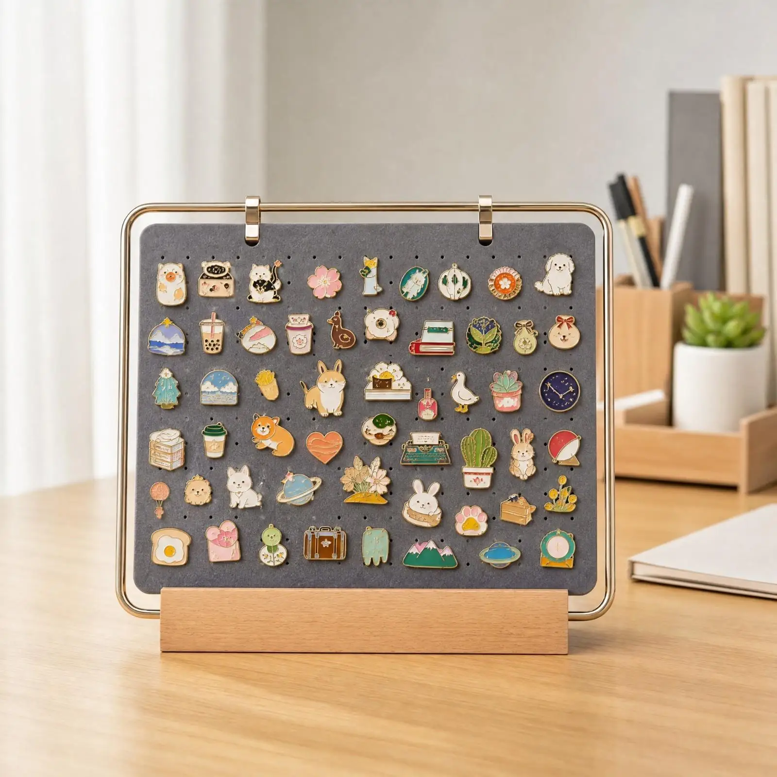 Compact Pin Display Book Organizer Felt Brooch Holder Wooden Stand for Enamel Badge Collection Tabletop - view 6