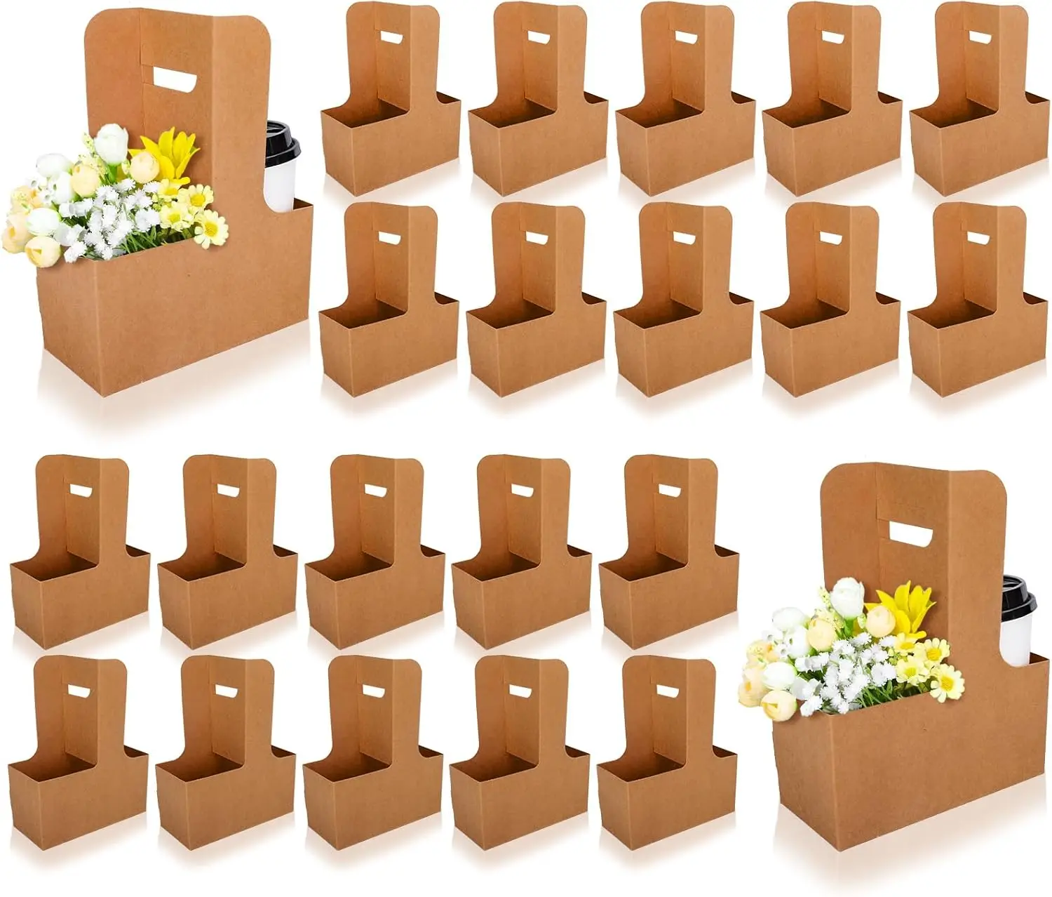

60 Pcs Valentine's Day Gift Carriers with Handle Valentine 2 Cup Drink Holders Kraft Flower Gift Bags Brown Floral Wrap
