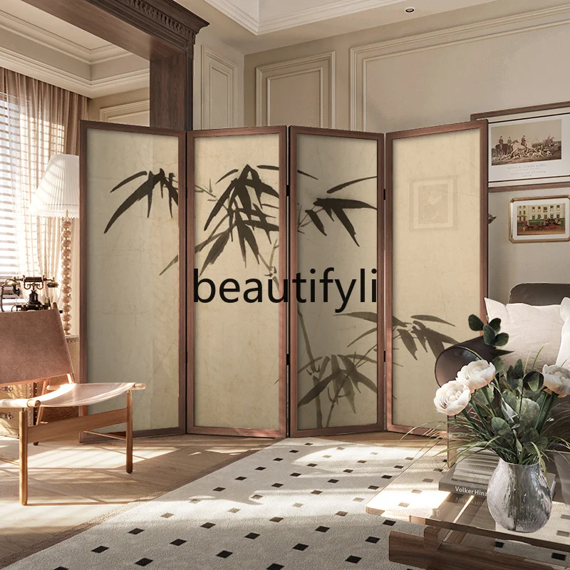 شاشة تقسيم شاشة من الخشب الصلب مصنوعة من الخيزران بالحبر الكلاسيكي على الطراز العصور الوسطى لغرفة المعيشة وغرفة النوم وأريكة قابلة للطي للمدخل