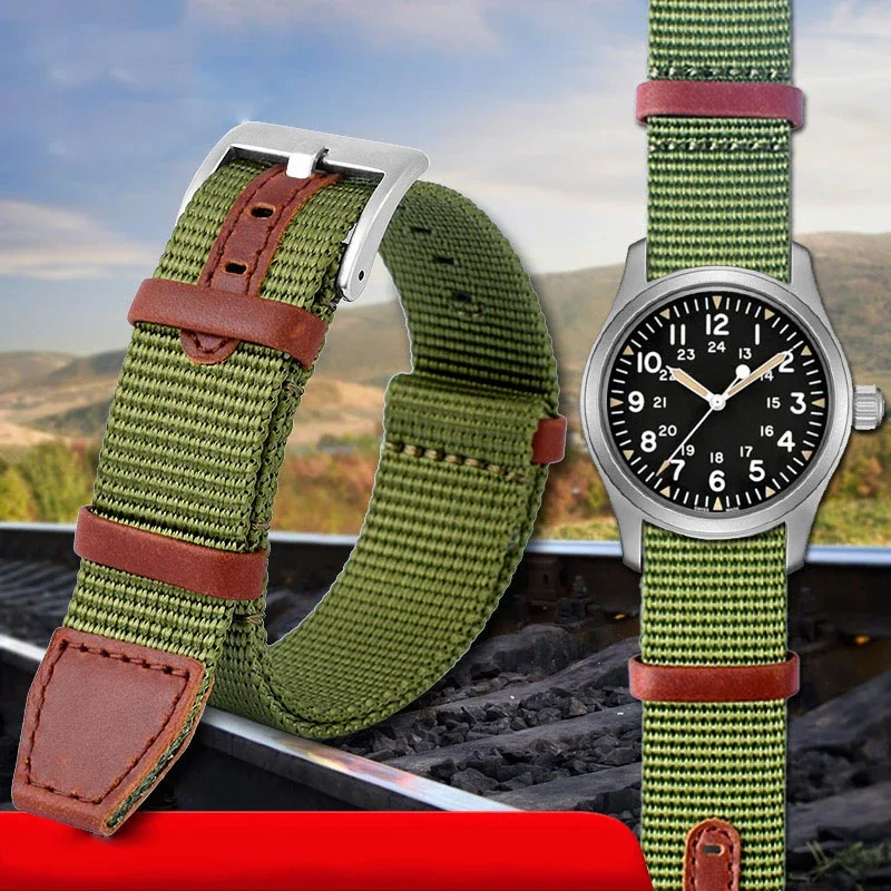 

20mm 22mm Woven Nylon +Genuine Leather Strap For Hamilton H69439931 H69439411 Seiko Men Outdoor Sport Watchband