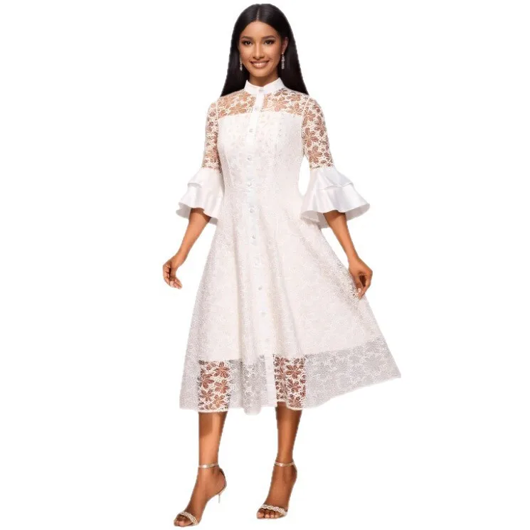 Lace Stand Collar Single-breasted Sheer A-line Midi Dress with Flared Sleeves and Waist-cinching Elegant Party Dress Elegant