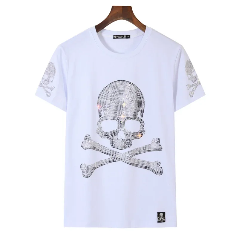 Plus Size Rhinestones Skulls T Shirt for Women Clothing Fashion Streetwear O Neck Ladies Short Sleeve Tshirts Slim Chemise Femme