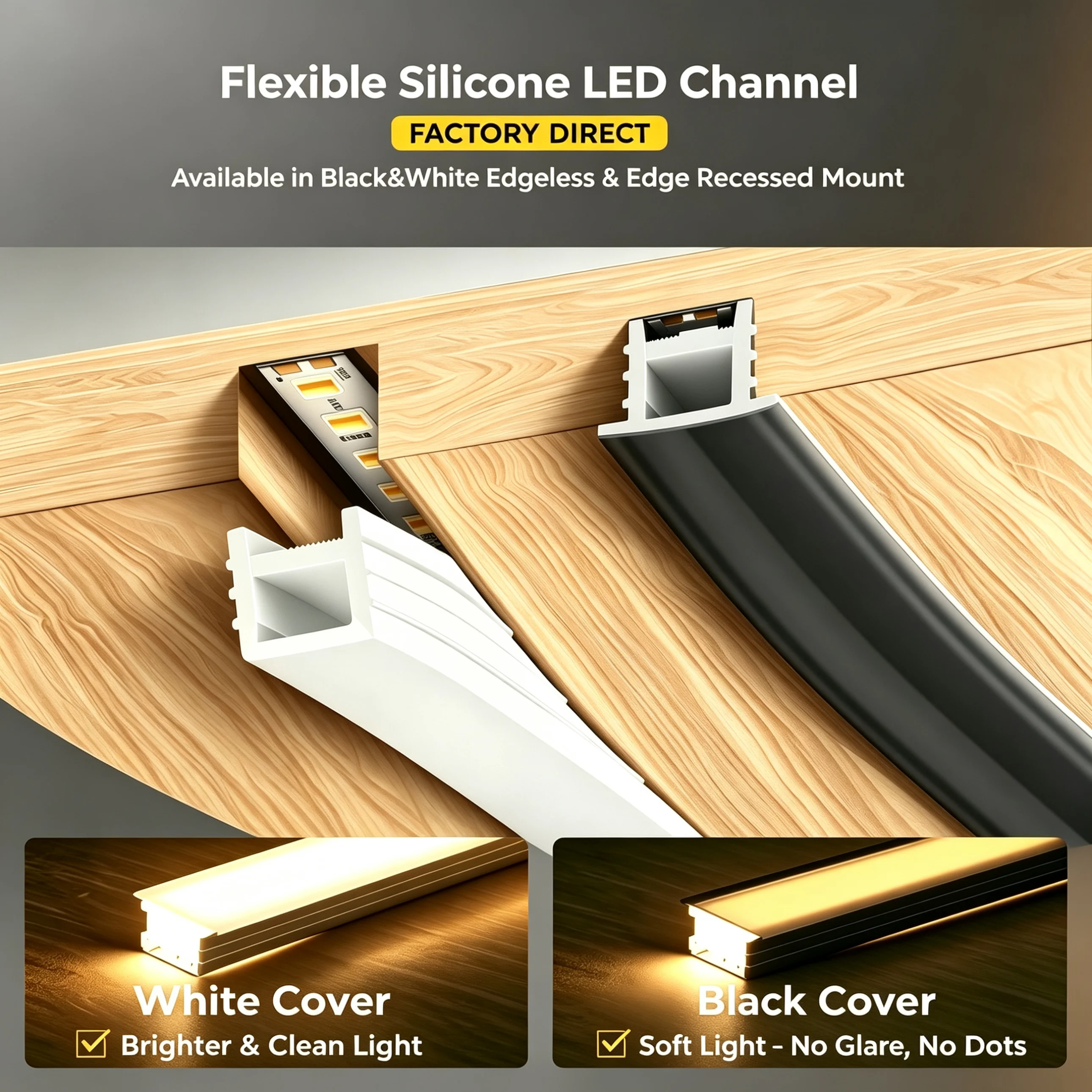 1-10M Flexible Silicone LED Diffuser Channel Bendable LED Profile Recessed Linear Lighting Edge or Edgeless Black White Cover