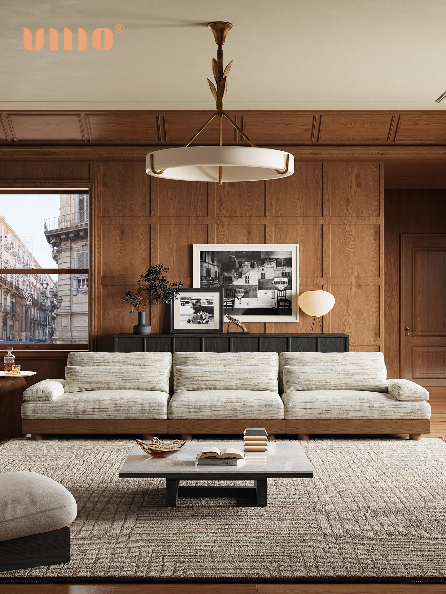 

PYJ retro solid wood sofa cream style living room straight row fabric Song's aesthetic sofa