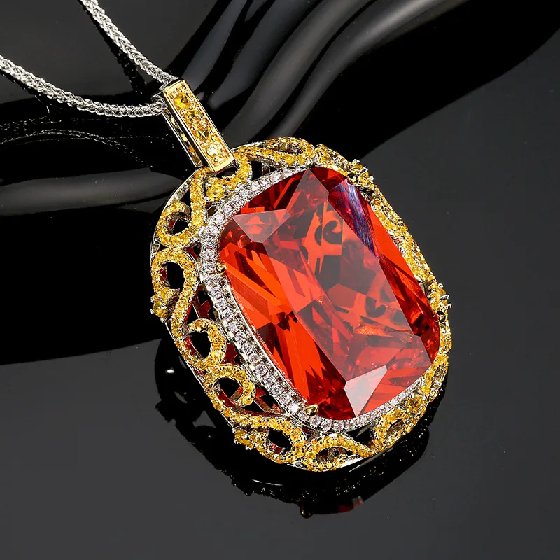 Vintage Style Large Rectangular Red Green Gemstone Pendant Necklace Luxury Yellow White Accented Statement Jewelry for Women