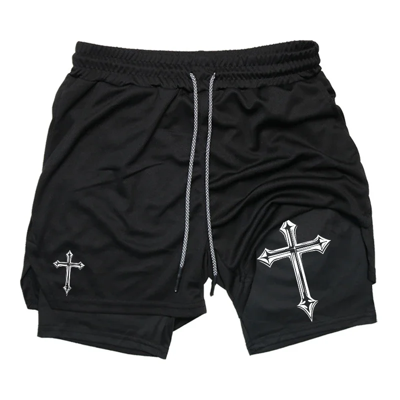 2025 Cross Print 2 in 1 Workout Running Shorts for Men Christian Gym Athletic Shorts with Compression Liner Phone Pocket