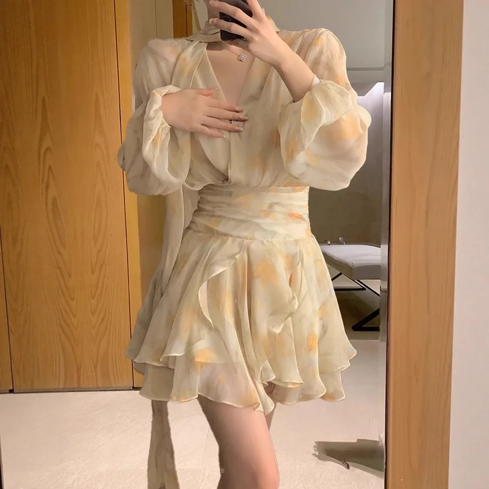 

2026 new waist French floral v-neck bubble sleeve chiffon dress