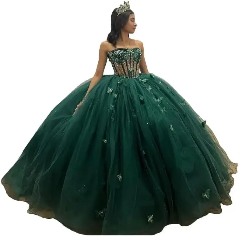 

3D Butterfly Quinceanera Dress with Bow Train Spaghetti Strap Sweet 15 16 Ball Gowns Sparkly Vestido De 15 Años