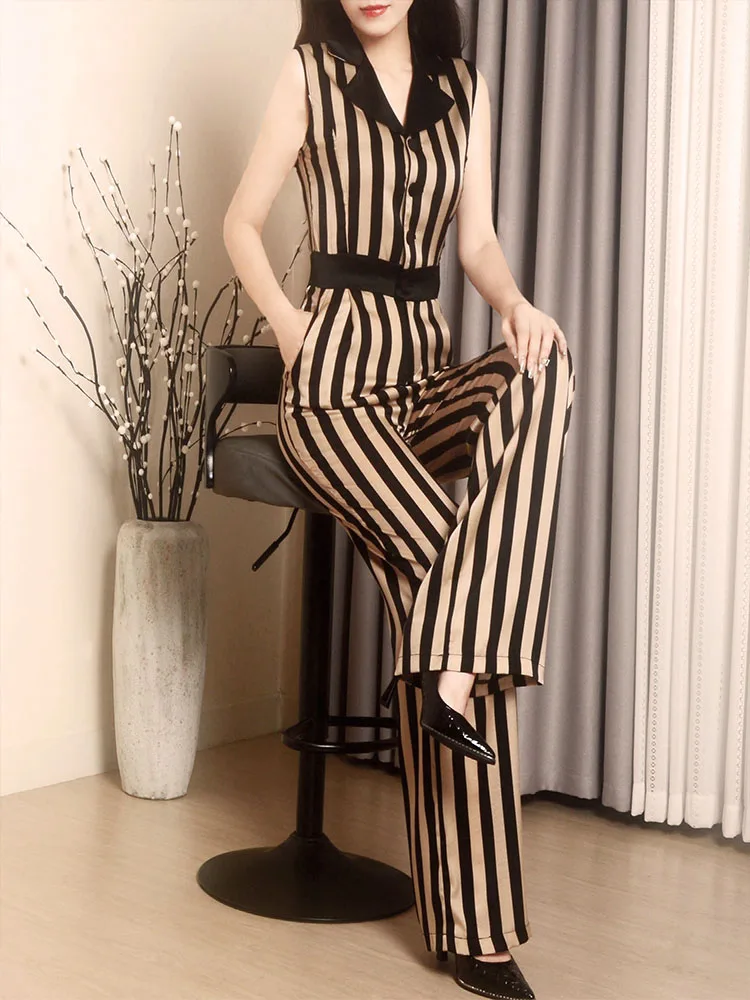 

Женский полосатый комбинезон Ele с высокой талией, широкими штанинами и воротником-стойкой, стройнящий дизайн, весна 2026, новинка