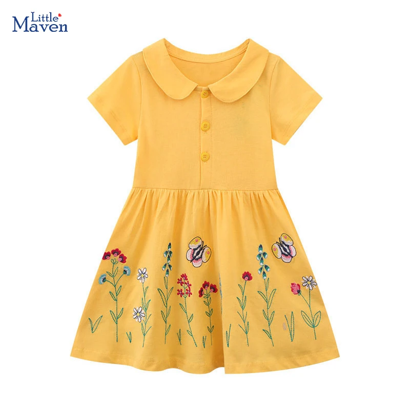 Little maven 2024 Kids Clothes Summer Dress Korean Children's Clothing Baby Girl Embroidery Cartoon Flowers Cotton Costume