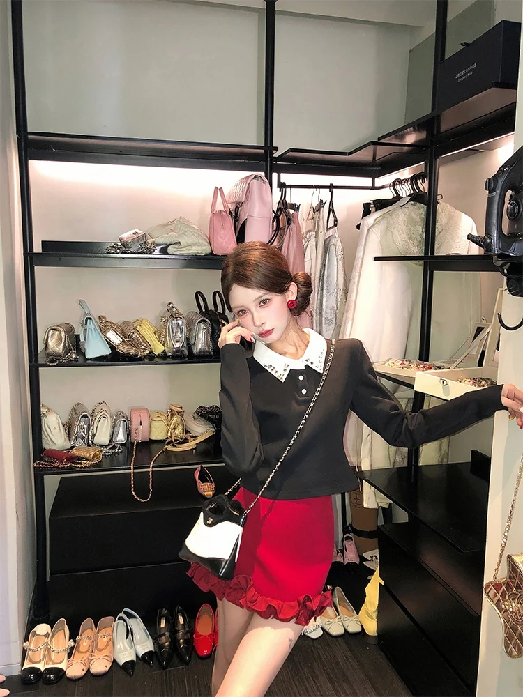 

Оригинальный вязаный комплект PITAO: классический топ и юбка в черно-белых цветах, модный набор для женщин 20-30 лет.