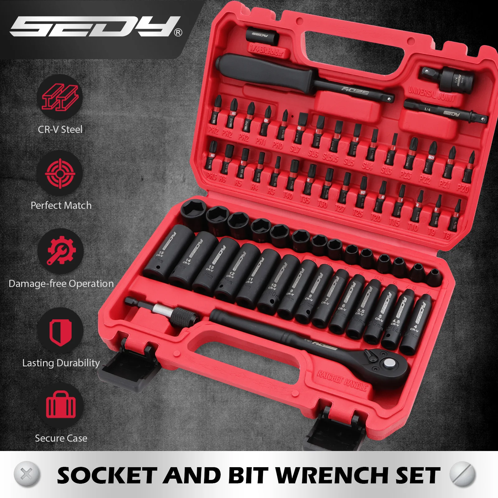 

SEDY 64-Piece 1/4" Drive Impact Socket Wrench Driver-Bits Set Cr-V Metric&SAE Deep and Shallow Socket Set S2 Power Bits