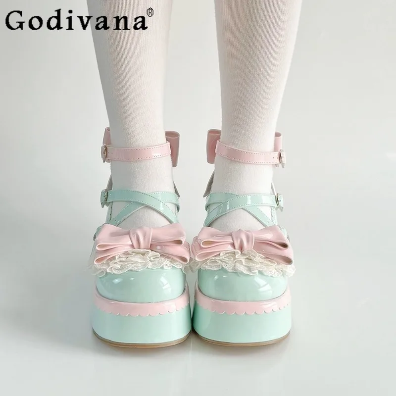 Scarpe da donna dolci con fiocco con plateau Lolita Scarpe da donna carine con tacco alto stile giapponese Scarpe Lolita rosa blu primavera estate femminile