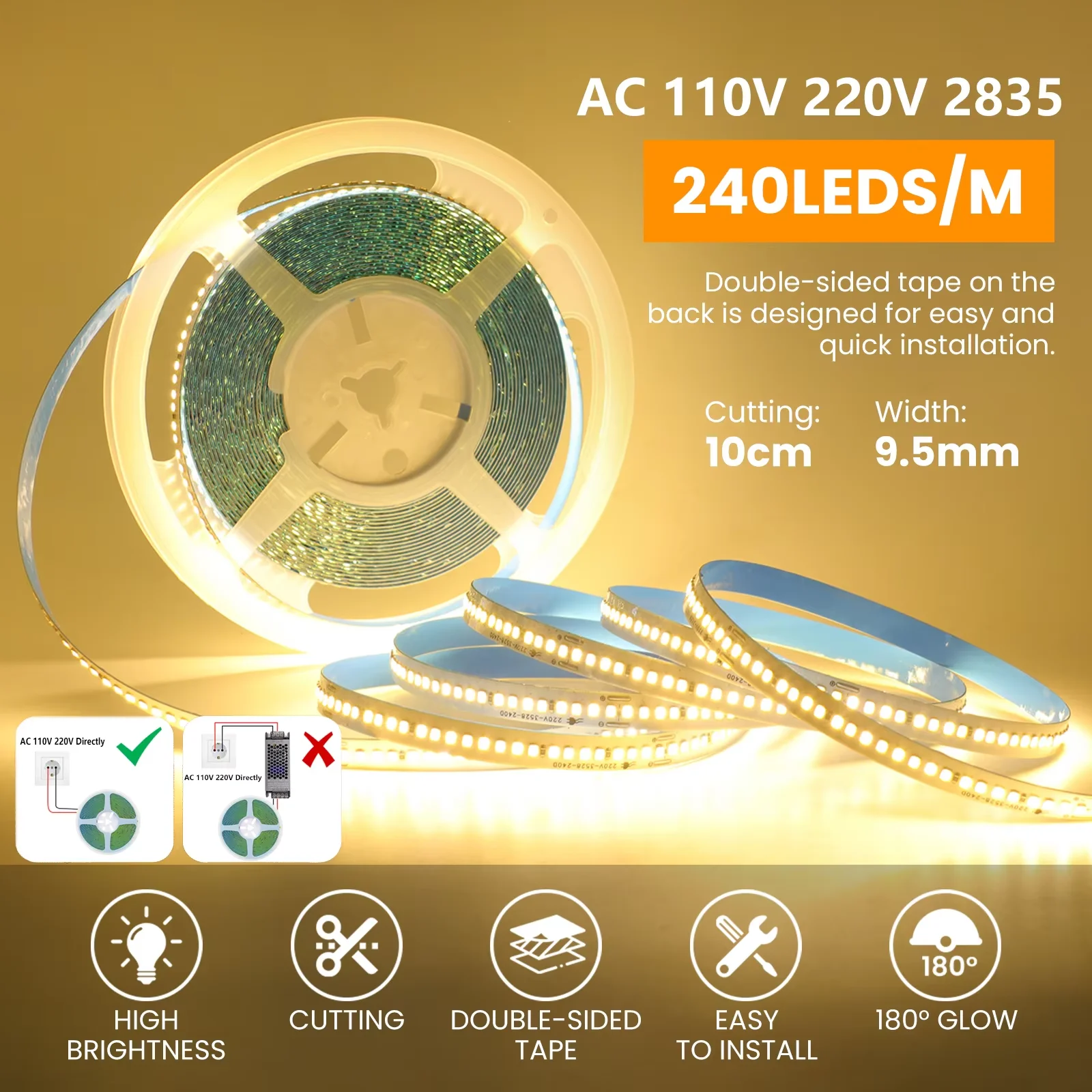 5M 10M 15M 20M 110V 220V Adhesive LED Strip No Need Driver 2835 240LEDs/m Flexible Tape with 2Pin Wire IP44 Waterproof Home Lamp
