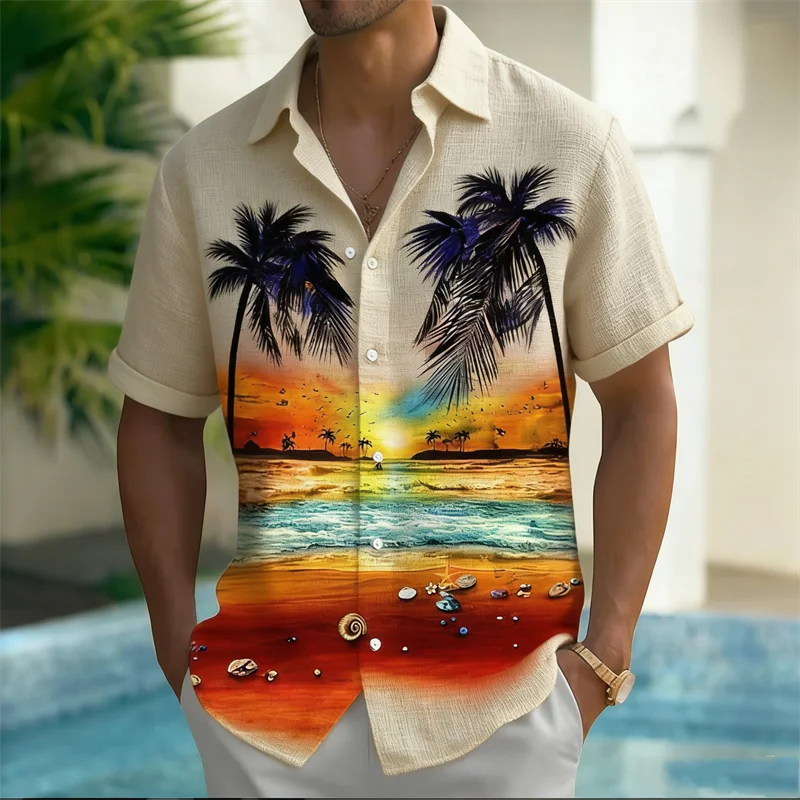 

Новая минималистичная повседневная рубашка с геометрическим узором, 3D-печатью, из льняной ткани, с короткими рукавами, мужская, с отложным воротником.