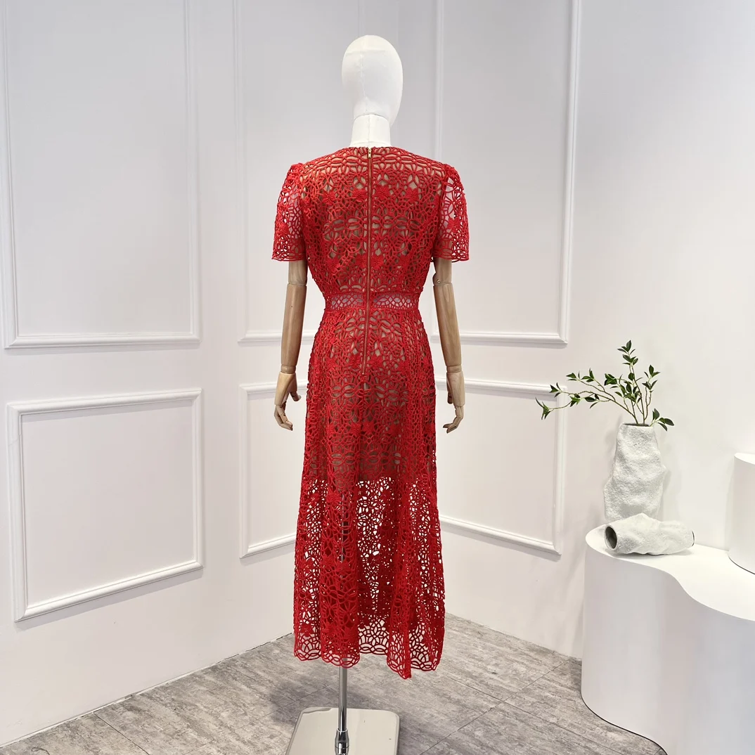 2023 New Collection Red Elegant Guipure Lace Bodice Waist Hollow Out Lady Midi Dress Women Evening Party Clothing