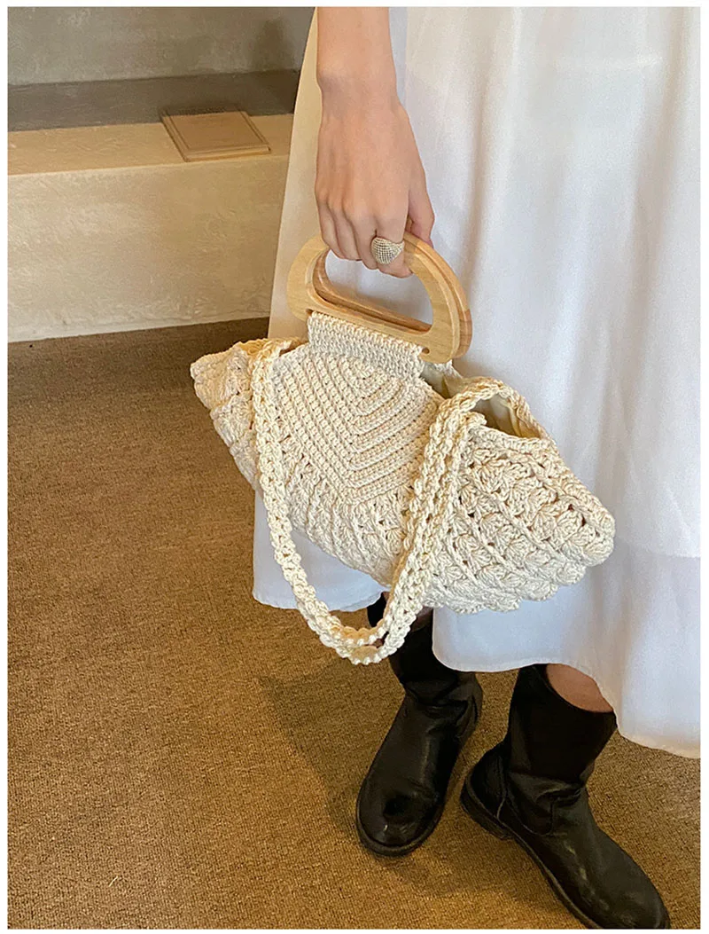 Wooden Handle Women Handbags Handmade Woven Beach Bags for Women Knitting Clutch Tote Ladies Bohemian Rope Crochet Shoulder Bag