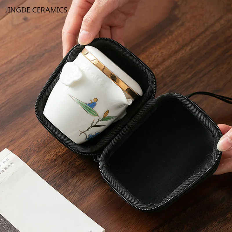 Mutton Fat Jade White Porcelain Tea Set Travel Portable Ceramic Teaware One Pot Two Cups Portable Bag Set Exquisite Tea Infuser