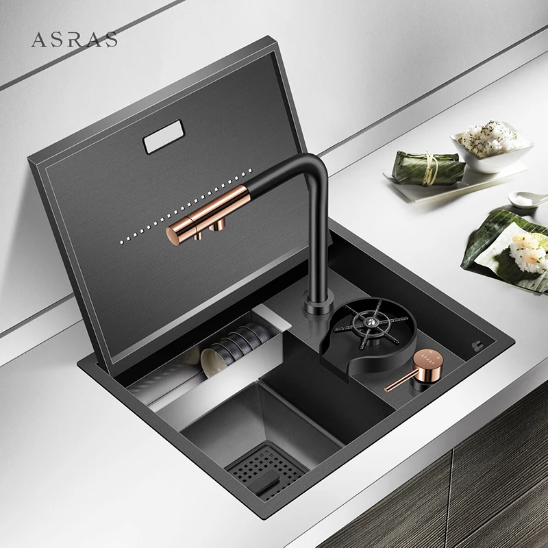 

ASRAS Beautiful Kitchen Stainless Steel Sink with Up-down Faucet and Hidden Design Small Sink