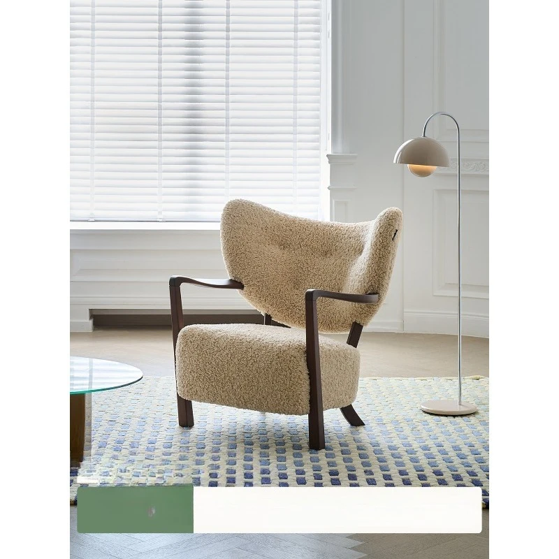 Retro Milk Tea Brown Solid Wood Leisure Chair, Medieval Lamb Wool Single Sofa Armchair