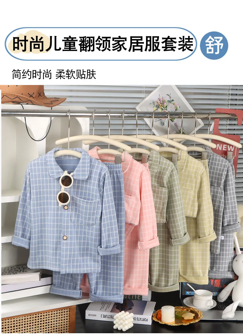 Langarm-Langhosen-Mädchen-Pyjama, kariertes Loungewear-Set, Herbst-Winter-Loungewear, dickes zweiteiliges Set, Pyjama mit Kragen für Kinder und Jungen – Detail 1