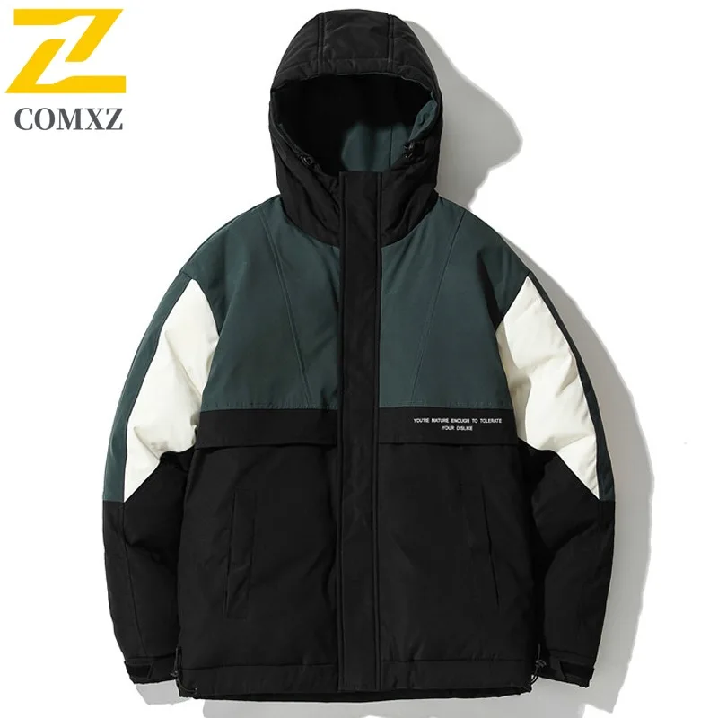 เสื้อโค้ทพัฟเฟอร์ผู้ชาย COMXZ รุ่นใหม่ แบบมีฮู้ด ตัดต่อผ้า สำหรับกิจกรรมกลางแจ้ง กันลม เหมาะสำหรับการเดินทาง ปีนเขา ป้องกันความหนาว