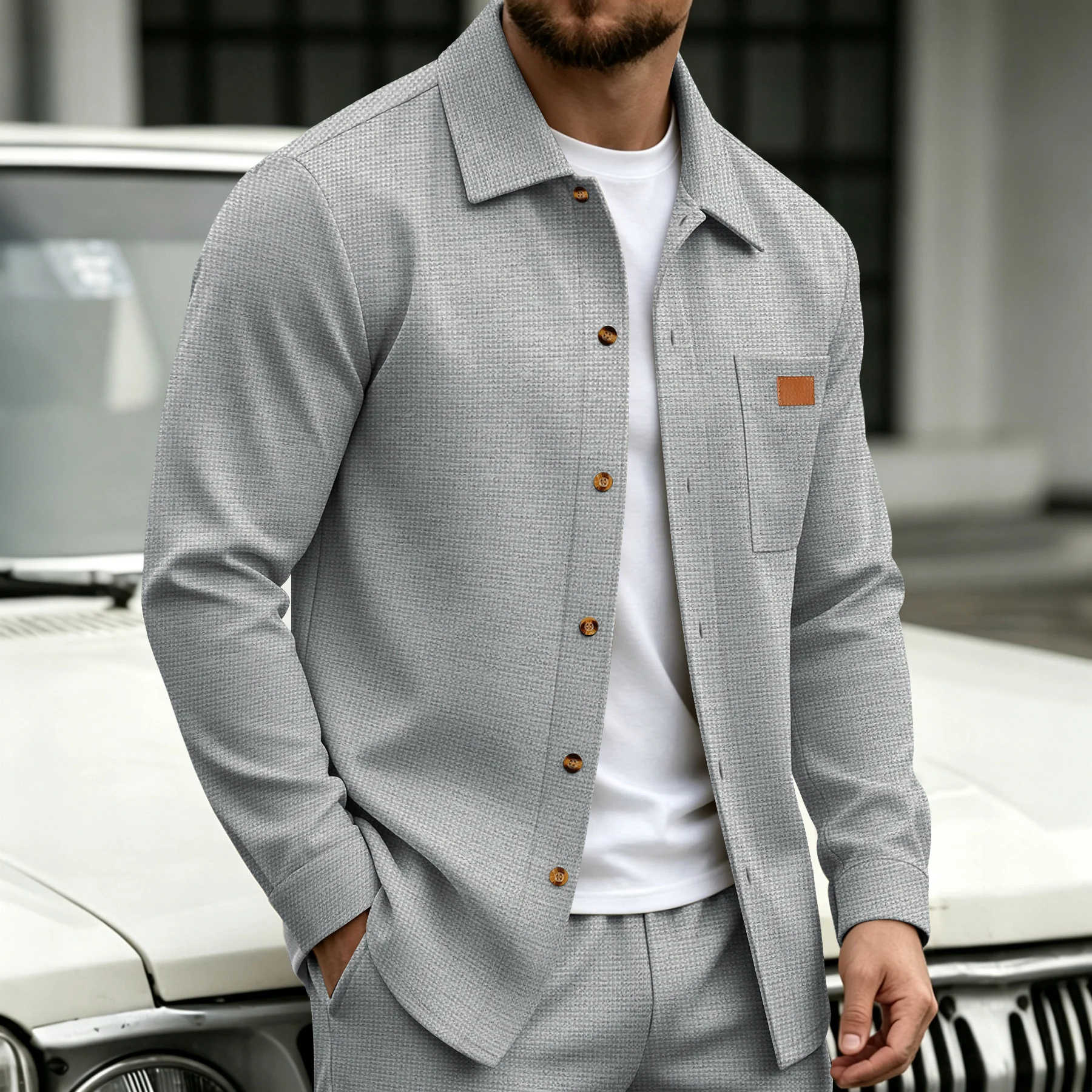 New men's waffle knit long-sleeved lightweight shirt, collar-buttoned shirt jacket with chest pocket, plain texture casual jacke