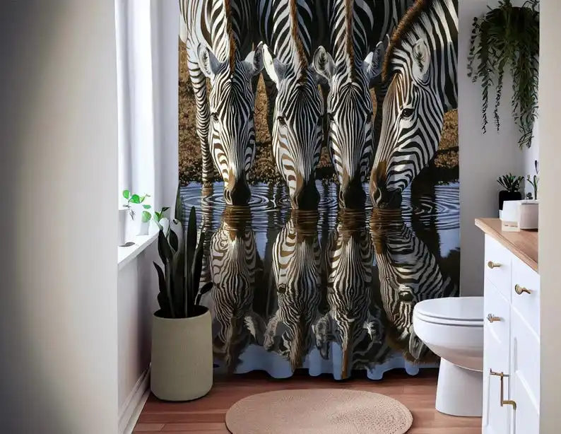 Zebra Shower Curtain - Waterproof Bath Curtain, Wildlife Safari Decor, Black and White Zebra Reflections - Nature, Animal