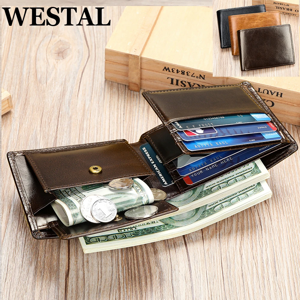 WESTAL RFID Function Wallet for Men Genuine Leather Coin Purse Fold Card Holders Money Bags Wallet Clutches 1172