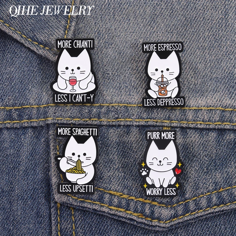 Funny Cute Cat Purr More Worry Less Enamel Pins More Espresso Less Deppresso Brooches Lapel Badge Fashion Jewelry Gift Friends