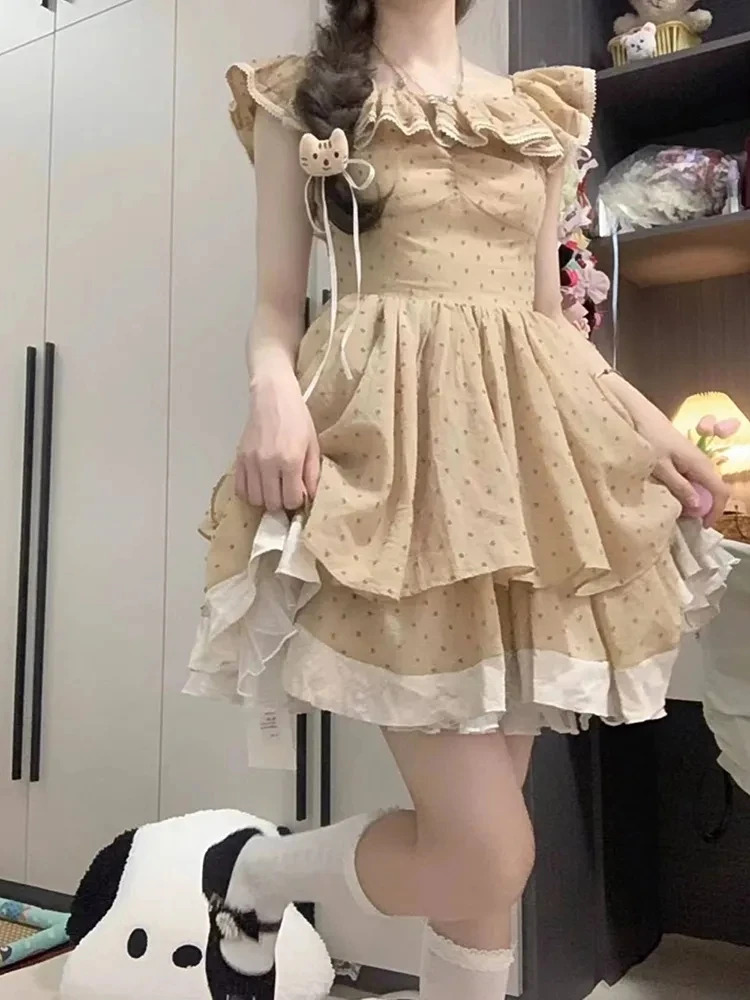 

Flying Sleeve Japanese Lolita Dress Women Ruffles Korean Fashion Party Mini Dresses Female Dotted Patchwork Kawaii Vintage Dress