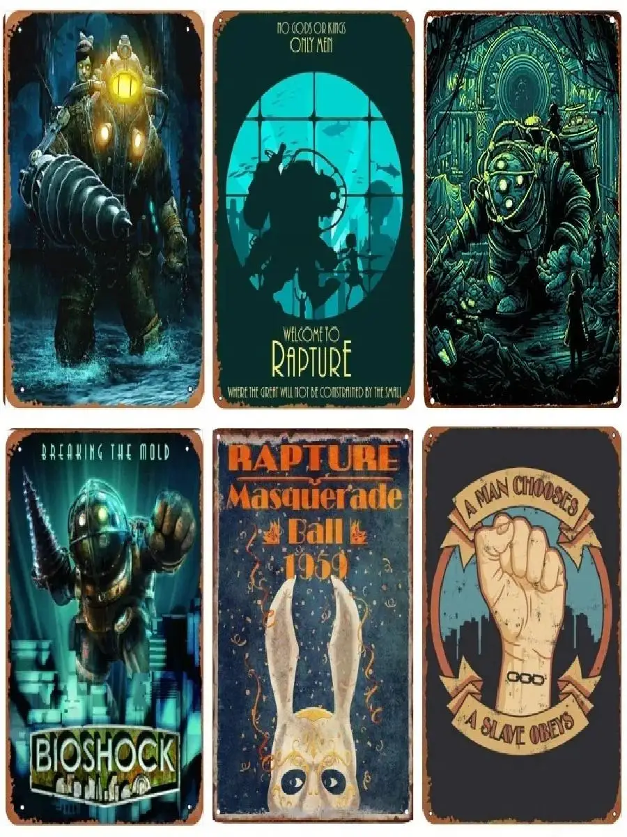 الرجعية لعبة فيديو الفن Bioshock نشوة القصدير تسجيل الكمال جدار ديكور لغرفة الألعاب رجل الكهف أو المرآب أنيمي نمط تحصيل Pla