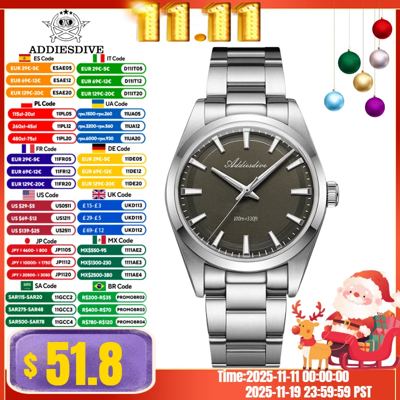 

ADDIESDIVE HOT 36mm AD2066 Men's Watch Outdoor Sports BGW9 Blue Luminous 10Bar VH31 Quartz Wristwatches Relogios Masculino