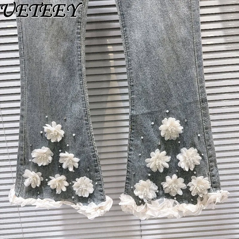 

Spring New Fashionable Sexy Stereo Chiffon Flower Studded Jeans Fashion High Waist Slim Micro-flare Denim Pants for Women