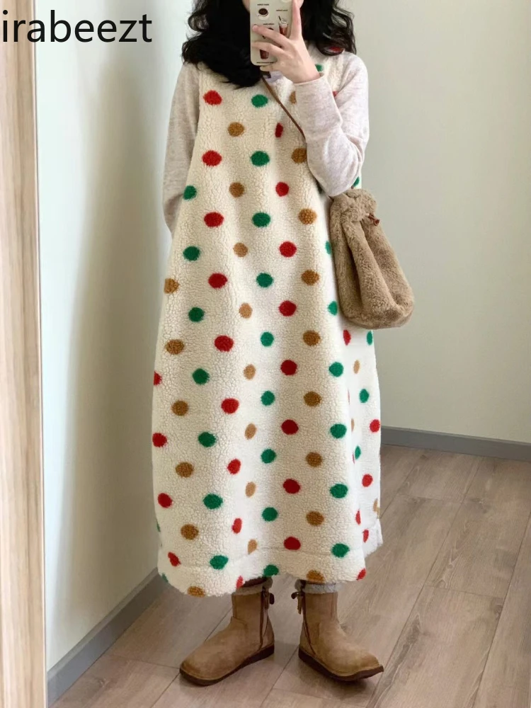 Autumn/Winter 2024 New Salt Lamb Wool Color Polka Dot Sundress + Knitted Base Shirt Casual Long Vestidos De Tricô Femenino