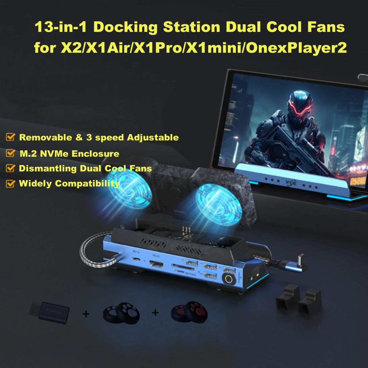 X2/ X1Air /X1Pro/ X1mini/ OnexPlayer2 Dock, 13-in-1 Docking Station Dismantling Dual Cool Fans, M.2 NVMe Enclosure, 4K@60Hz