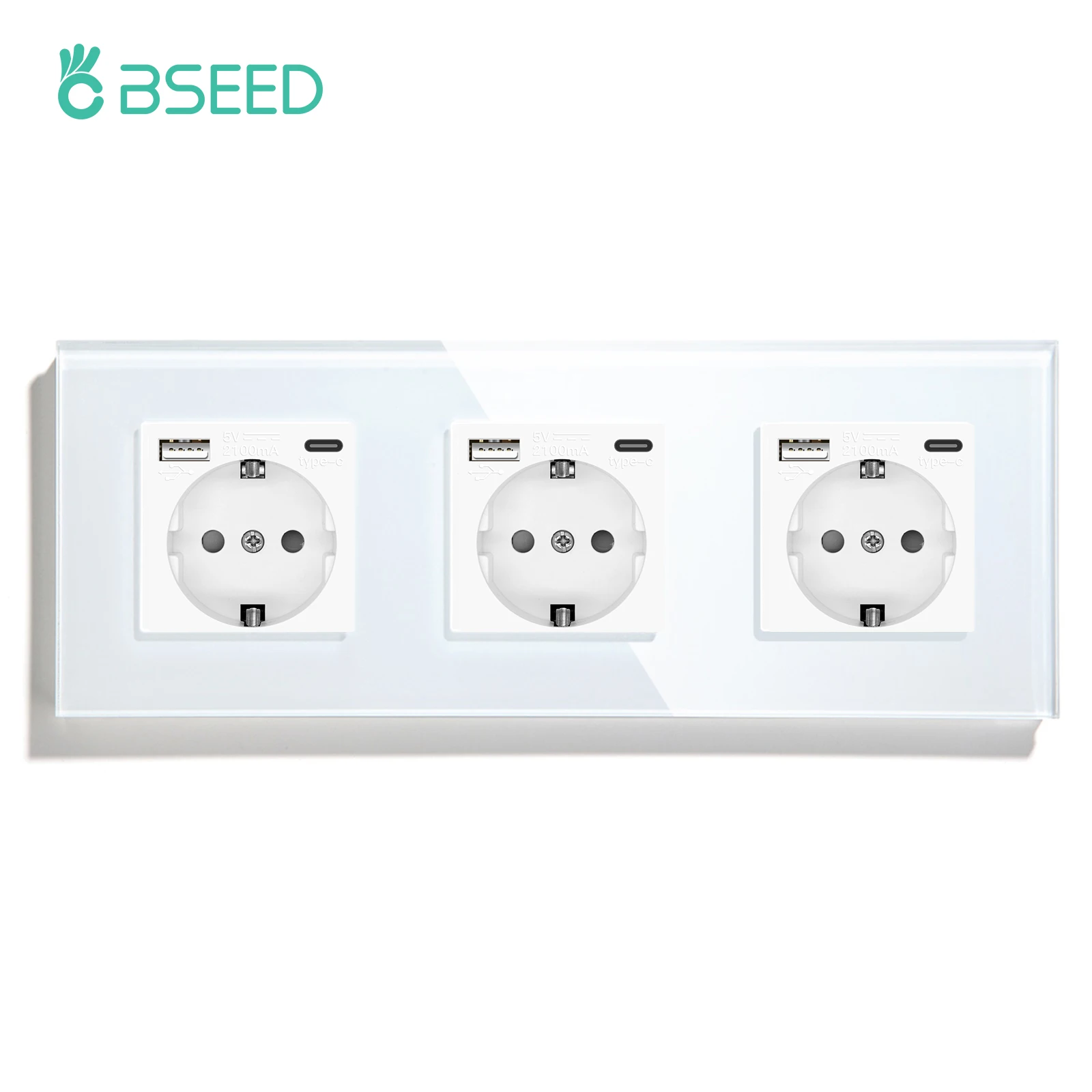 BSEED Touch Lichtschakelaar EU Standaard Stopcontact Met USB Type-C Kristallen Glazen Paneel Witte Kleur Stekkers 1/2/3Gang Schakelaar