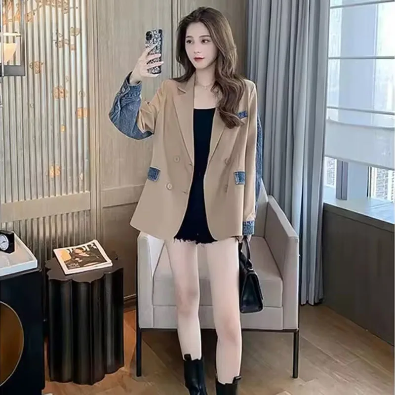 Unique Design Denim Stitching Blazer Jacket Women Spring Autumn New Cowboy Suit Coat Female Casual Outerwear Blazer Ladies Tops