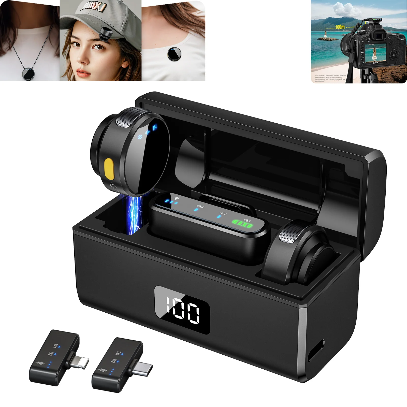 Магнитный петличный беспроводной микрофон 100 м для камеры, петличный микрофон с зарядным устройством с искусственным интеллектом и шумоподавлением для записи видео