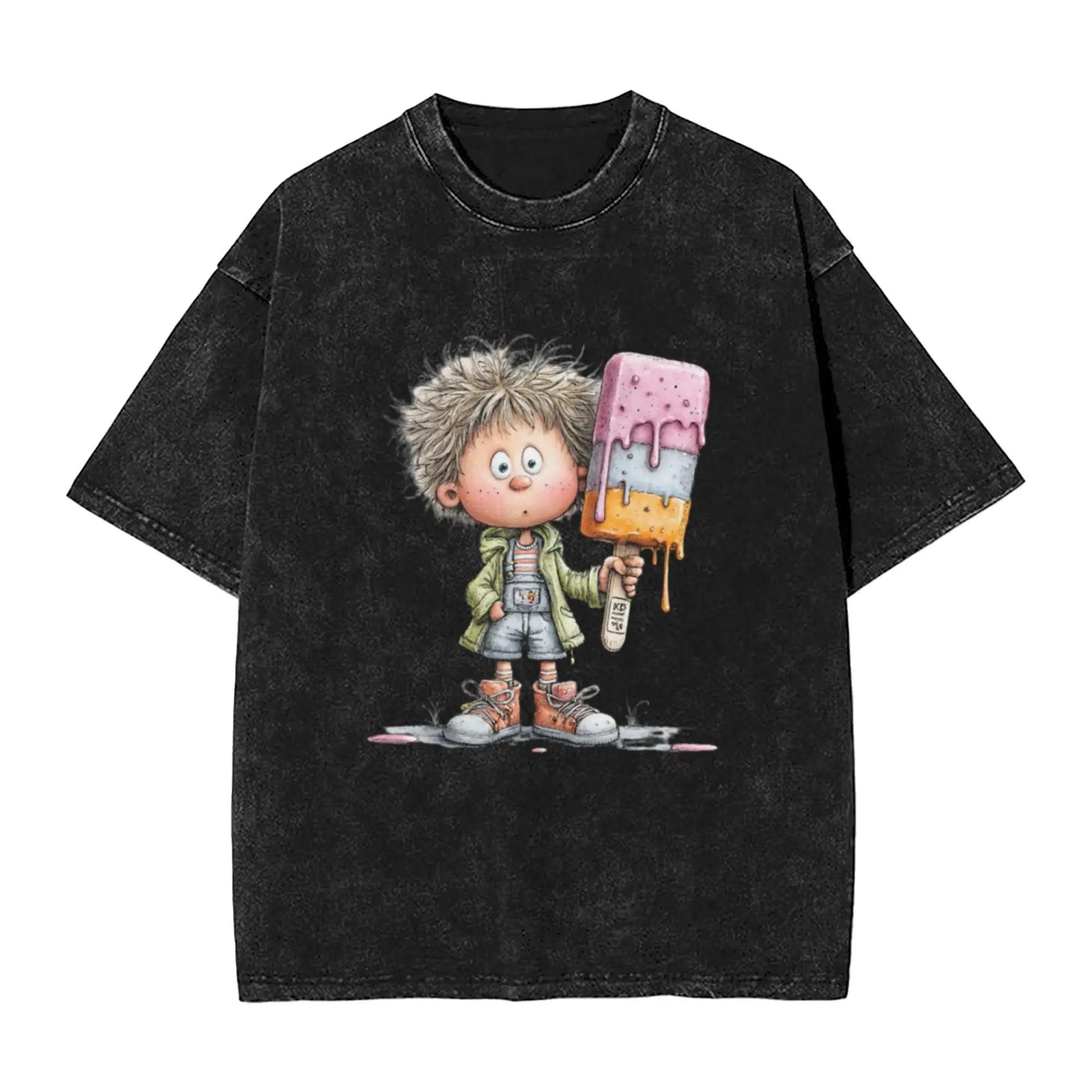 Cute boy eating icecream - whimsical design Classic Chic A Washed T Shirt Men's Women's Oversized Cotton Tees Tops