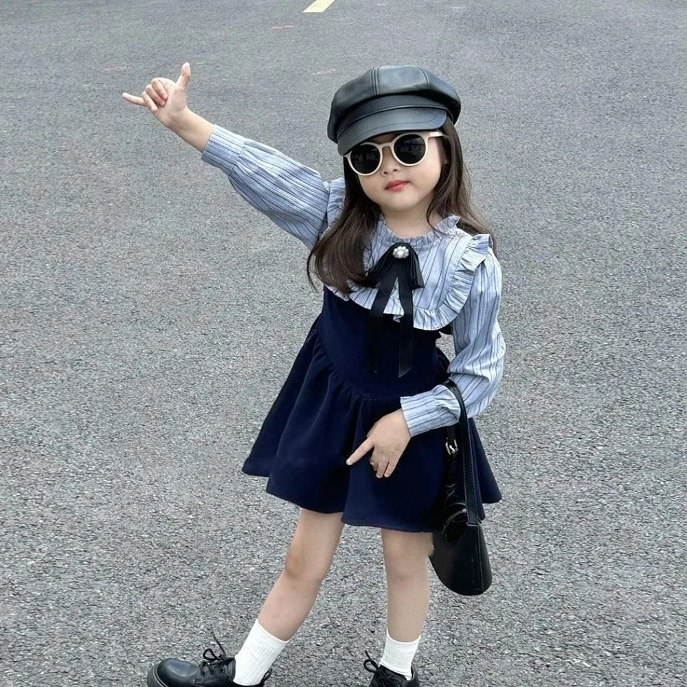 

Elegant Bowknot Girls' College Style Dress Peter Pan Collar Pleated Girls Long Dress A-line Loose Stripe Princes Dress Holiday