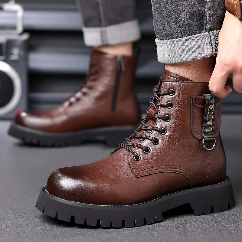 

Trendy Zipper Design Men Motorcycle Boots High Quality Plush Warm Winter Boots Men Wear-resistant Platform Men's Leather Boots