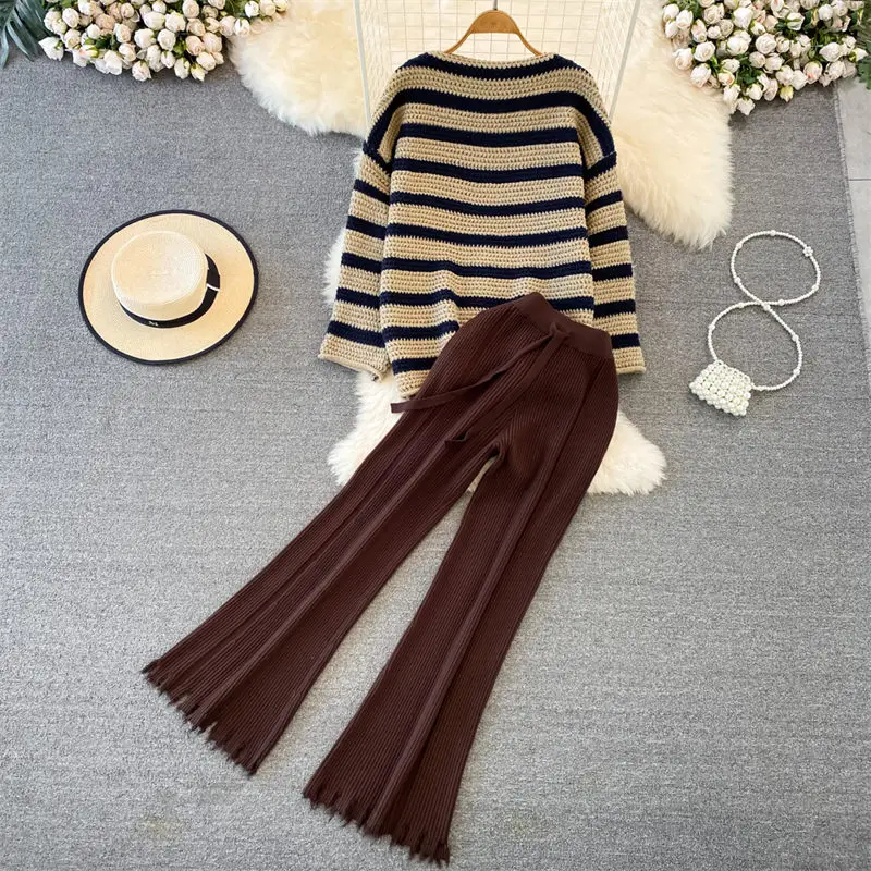 Fashion Sweater Suit Women's Round Neck Loose Stripe Pullover Shirt Two-Piece Casual High Waist Fringed Knit Wide Leg Pants Z124