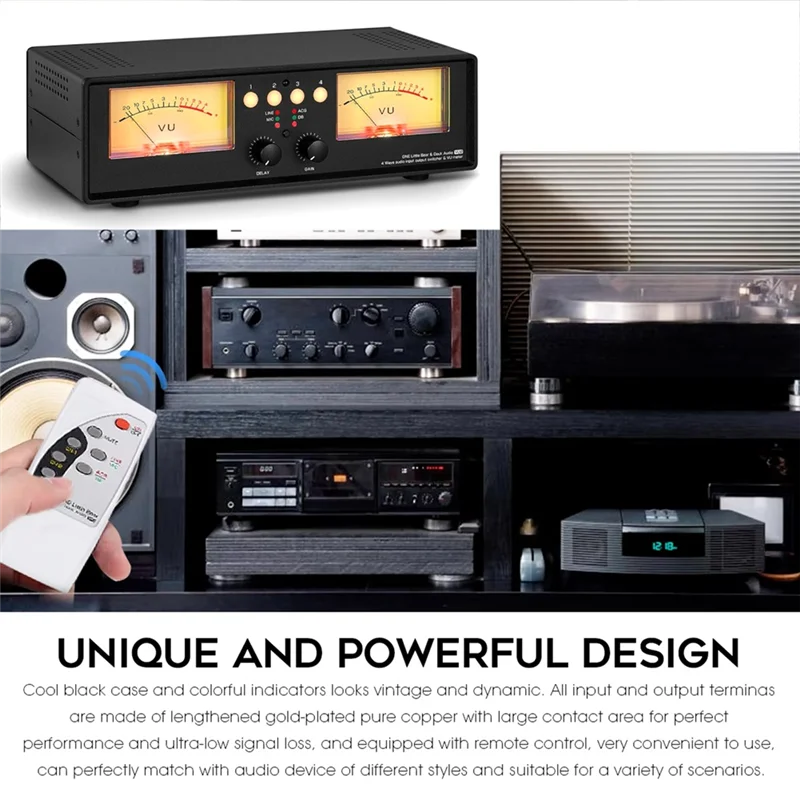 GROCE-MIC+LINE Analog Dual VU Meter Schallpegel DB Panel Display 4-Wege Audio Splitter Switcher Box Musik Spektrum Visualizer