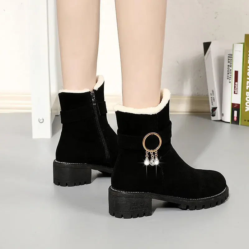 Winter Zip Rhinestone Retro Style Cotton Woman Shoes New Rock Furry 2025 Novelty Plush Warm Trend Boot Goth Snow Boots for Women